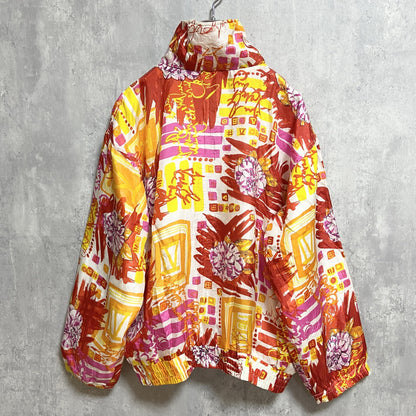 ～90s　EVR　総柄シルクジャケット　花　ジップアップ　ハイネック　レトロ　ヴィンテージ　Sサイズ