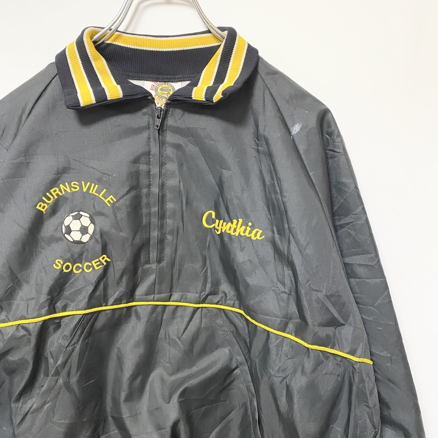 古着 used　USA製　長袖ハーフジップナイロンスタジャン　シャツカラー　リブライン　サッカー　黒　ヴィンテージ　Lサイズ