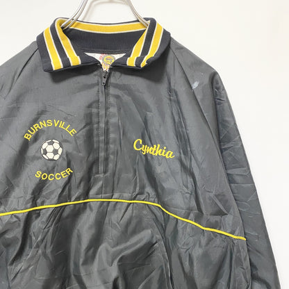 古着 used　USA製　長袖ハーフジップナイロンスタジャン　シャツカラー　リブライン　サッカー　黒　ヴィンテージ　Lサイズ