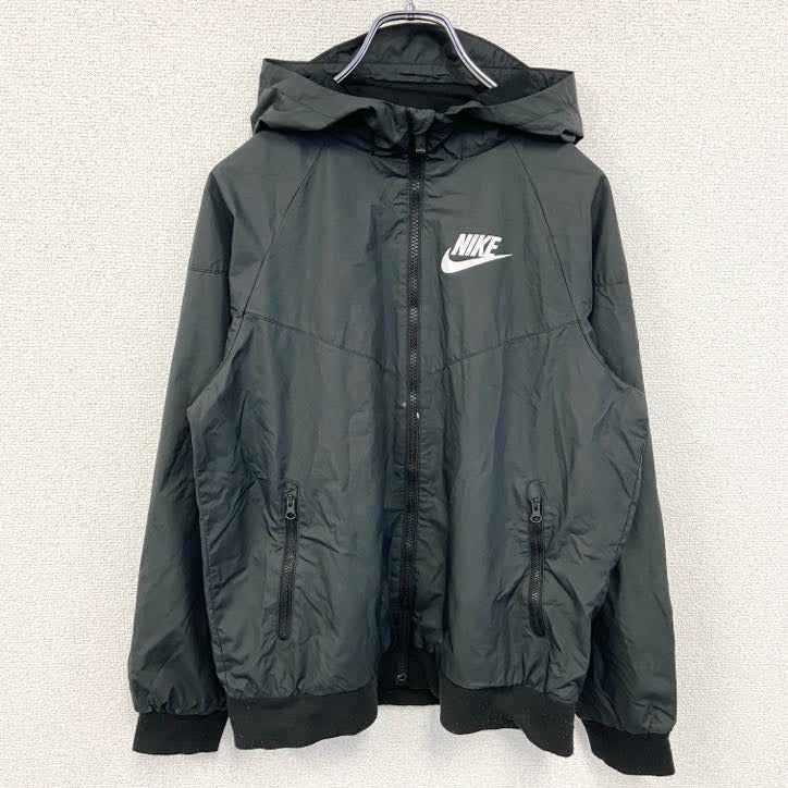 古着 used　NIKE ナイキ　長袖ナイロンジャケット　フルジップパーカー　ワンポイントロゴプリント　黒　Lサイズ
