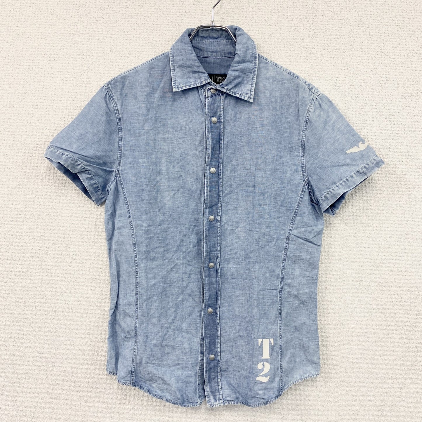 ARMANI JEANS　アルマーニ・ジーンズ　半袖シャツ　チェック　水色　ライトブルー　Mサイズ