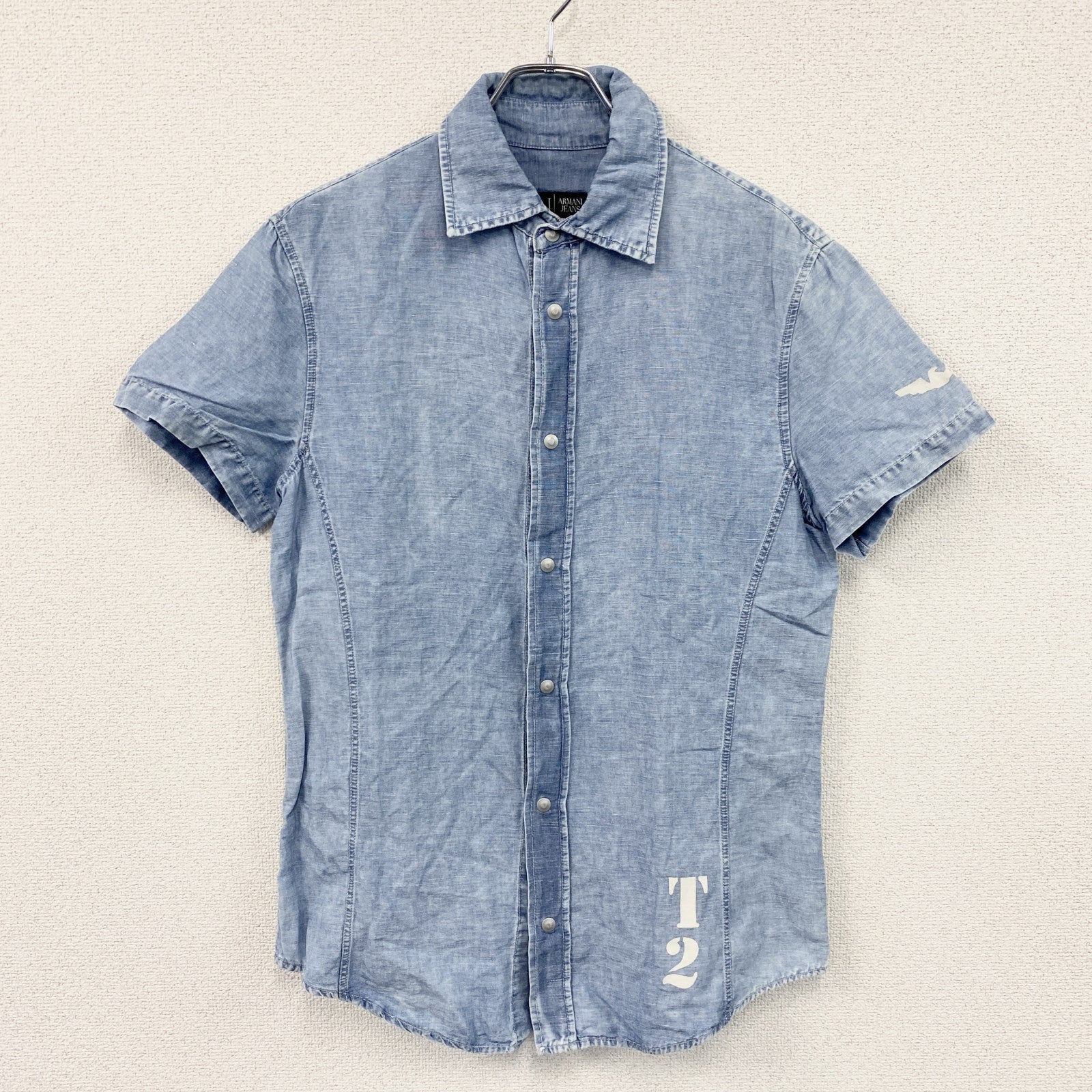 ARMANI JEANS　アルマーニ・ジーンズ　半袖シャツ　チェック　水色　ライトブルー　Mサイズ