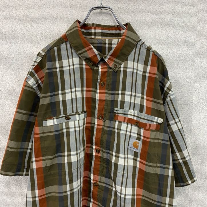 Carhartt　カーハート　半袖ボタンダウンシャツ　ラウンドシャツ　チェック柄　カーキ　マルチカラー　2XLサイズ