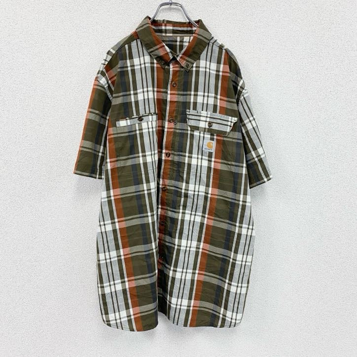 Carhartt　カーハート　半袖ボタンダウンシャツ　ラウンドシャツ　チェック柄　カーキ　マルチカラー　2XLサイズ