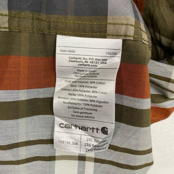 Carhartt　カーハート　半袖ボタンダウンシャツ　ラウンドシャツ　チェック柄　カーキ　マルチカラー　2XLサイズ