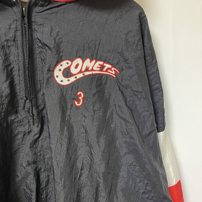 古着 used　USA製　BLAZER　長袖刺繍ナイロンプルオーバー　ウインドブレーカー　トライカラー　黒　赤　白　Lサイズ