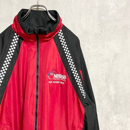 古着 used　NORTHEND　ノースエンド　長袖フルジップナイロンジャケット　切り替え　Nestle　赤　レッド　Lサイズ