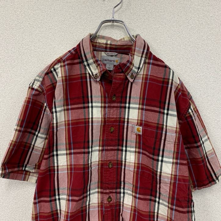 Carhartt　カーハート　半袖ボタンダウンシャツ　ラウンドシャツ　オンブレチェック　赤　レッド　Lサイズ