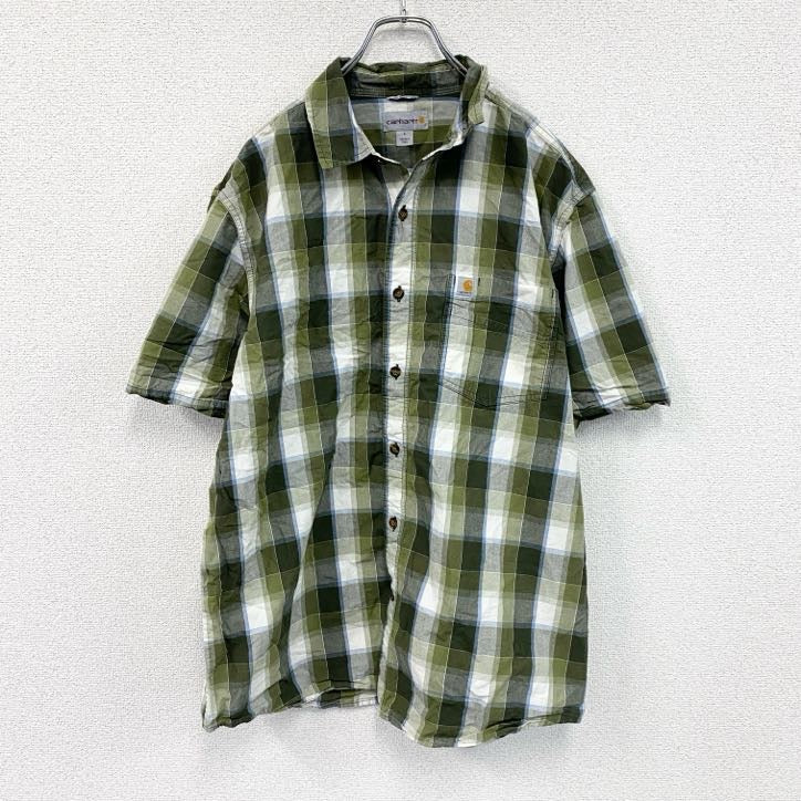 Carhartt　カーハート　半袖ボタンダウンシャツ　ラウンドシャツ　オンブレチェック　緑　グリーン　Lサイズ