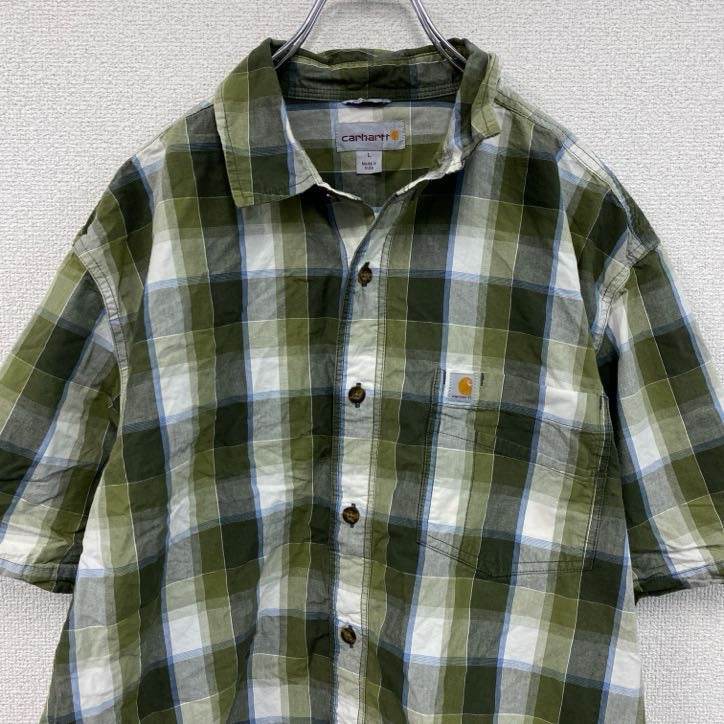 Carhartt　カーハート　半袖ボタンダウンシャツ　ラウンドシャツ　オンブレチェック　緑　グリーン　Lサイズ