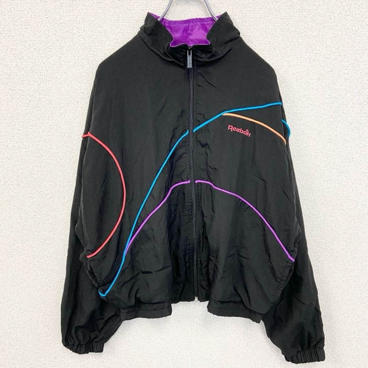 古着 used　Reebok リーボック　90s　長袖パイピングナイロンジャケット　フルジップパーカー　黒　ブラック　Mサイズ