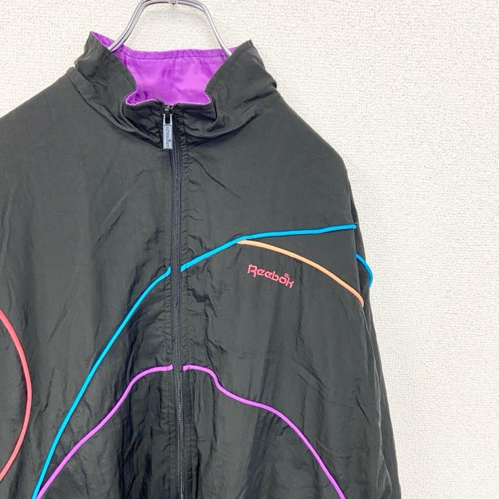 古着 used　Reebok リーボック　90s　長袖パイピングナイロンジャケット　フルジップパーカー　黒　ブラック　Mサイズ