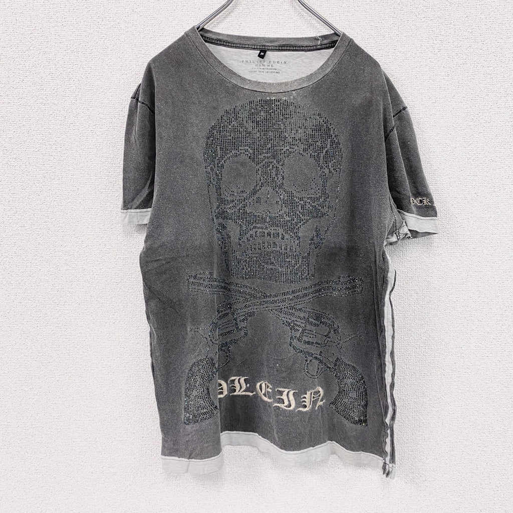 PILIPP PLEIN HOMME　半袖Tシャツ　ドクロ　ラインストーン　ダークグレー　XLサイズ
