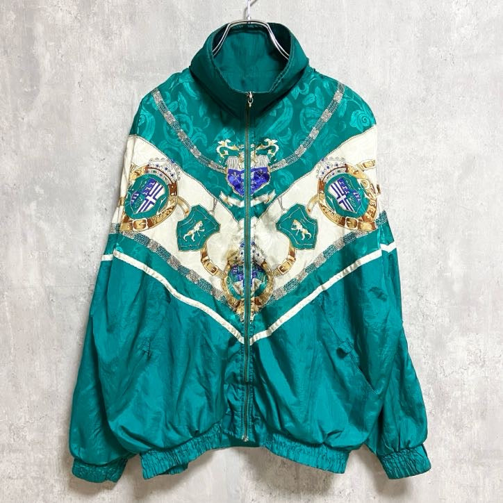 古着 used　LAVON　長袖フルジップデザインナイロンジャケット　緑　グリーン　レトロ　個性的　秋冬服　Sサイズ