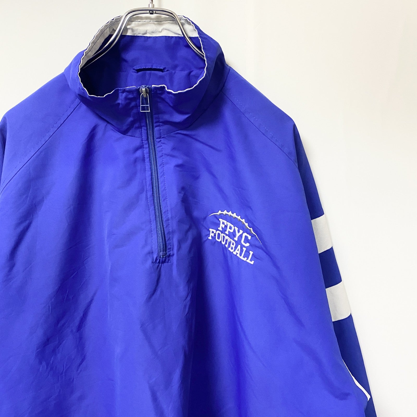 古着 used　Badgersport　長袖刺繍ハーフジップナイロンジャケット　ウィンドブレーカー　フットボール　青　XLサイズ