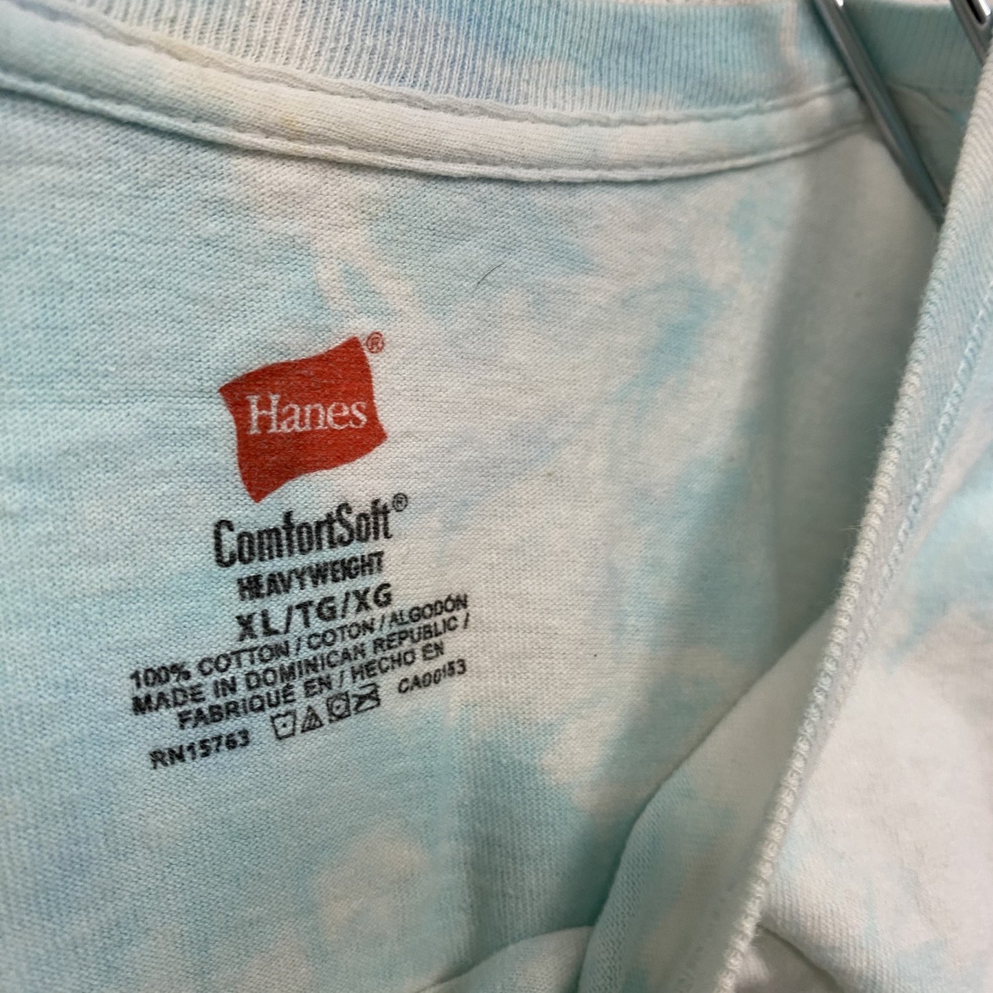 Hanes　ヘインズ　半袖プリントTシャツ　総柄　タイダイ柄　ブルー　ホワイト　XLサイズ
