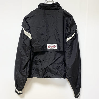 古着 used　BRINE　長袖ハーフジップナイロンスタジャン　ハイネックプルオーバー　刺繡デザイン　ホッケー　黒　XLサイズ