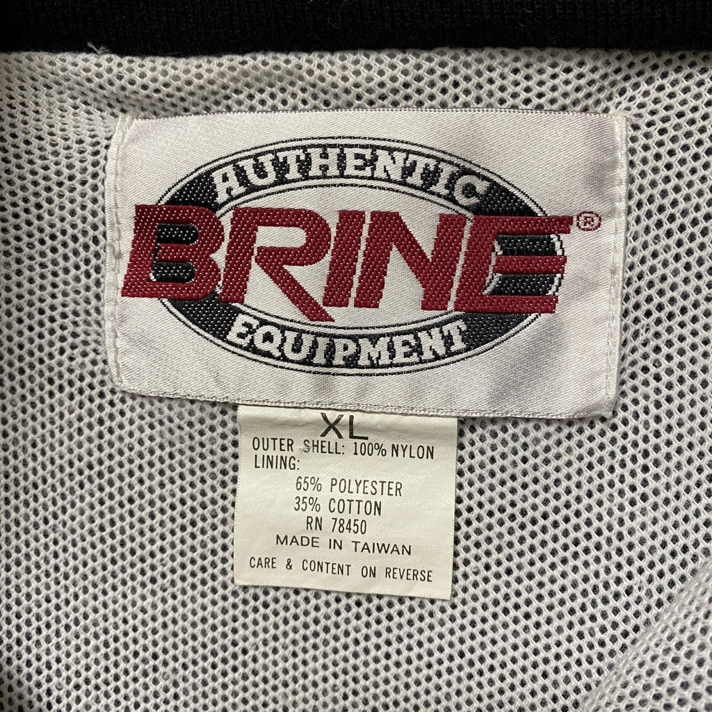 古着 used　BRINE　長袖ハーフジップナイロンスタジャン　ハイネックプルオーバー　刺繡デザイン　ホッケー　黒　XLサイズ