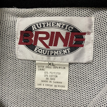 古着 used　BRINE　長袖ハーフジップナイロンスタジャン　ハイネックプルオーバー　刺繡デザイン　ホッケー　黒　XLサイズ