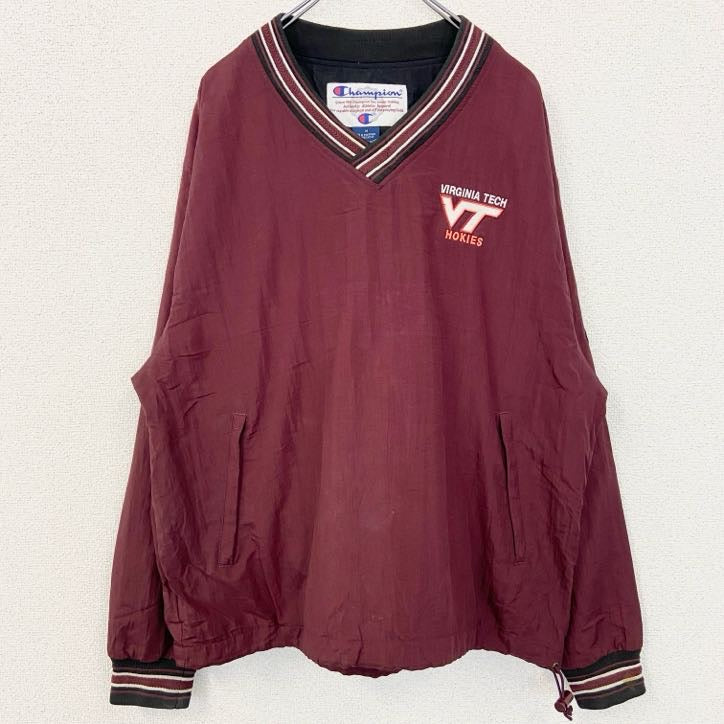 古着 used　Champion　チャンピオン　長袖カレッジナイロンプルオーバー　ポイント刺繍　バージニア工科大学　ワインレッド