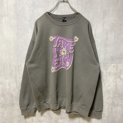 古着 used　SWEET CLAIRE　TAKE IT EASY　長袖プリントスウェット　トレーナー　英字プリント　花　グレー