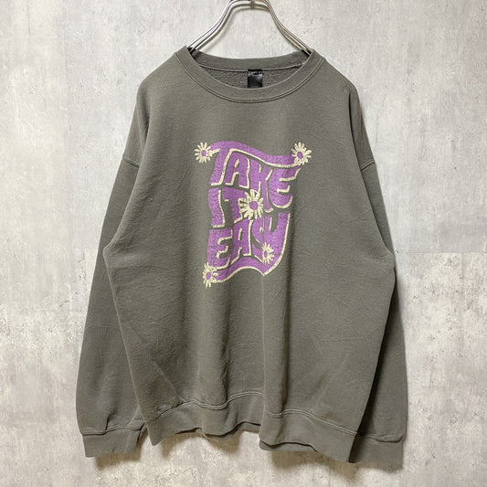 古着 used　SWEET CLAIRE　TAKE IT EASY　長袖プリントスウェット　トレーナー　英字プリント　花　グレー