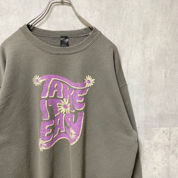 古着 used　SWEET CLAIRE　TAKE IT EASY　長袖プリントスウェット　トレーナー　英字プリント　花　グレー