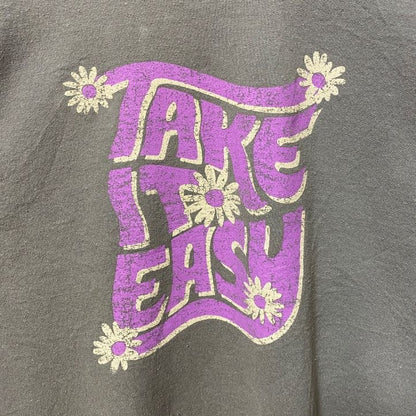 古着 used　SWEET CLAIRE　TAKE IT EASY　長袖プリントスウェット　トレーナー　英字プリント　花　グレー