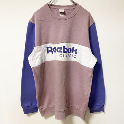 古着 used　Reebok　長袖プリントロゴデザインスウェット　トレーナー　クルーネック　ピンク　白　紫　トライカラー　Lサイズ