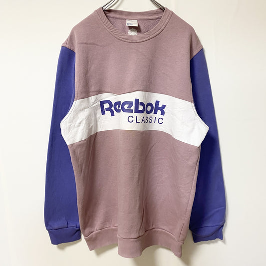古着 used　Reebok　長袖プリントロゴデザインスウェット　トレーナー　クルーネック　ピンク　白　紫　トライカラー　Lサイズ