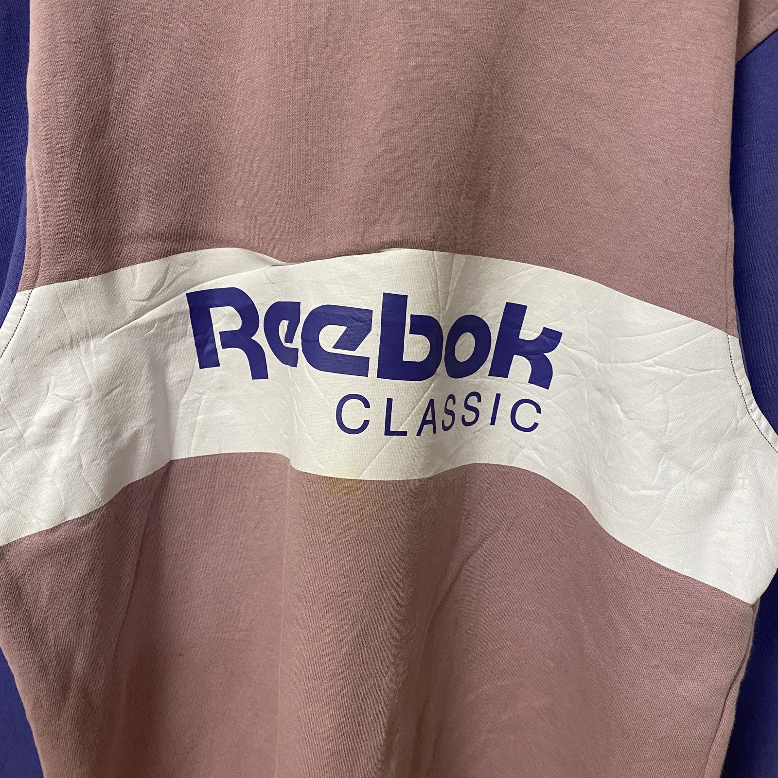 古着 used　Reebok　長袖プリントロゴデザインスウェット　トレーナー　クルーネック　ピンク　白　紫　トライカラー　Lサイズ
