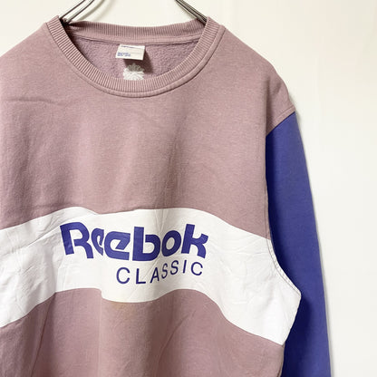 古着 used　Reebok　長袖プリントロゴデザインスウェット　トレーナー　クルーネック　ピンク　白　紫　トライカラー　Lサイズ