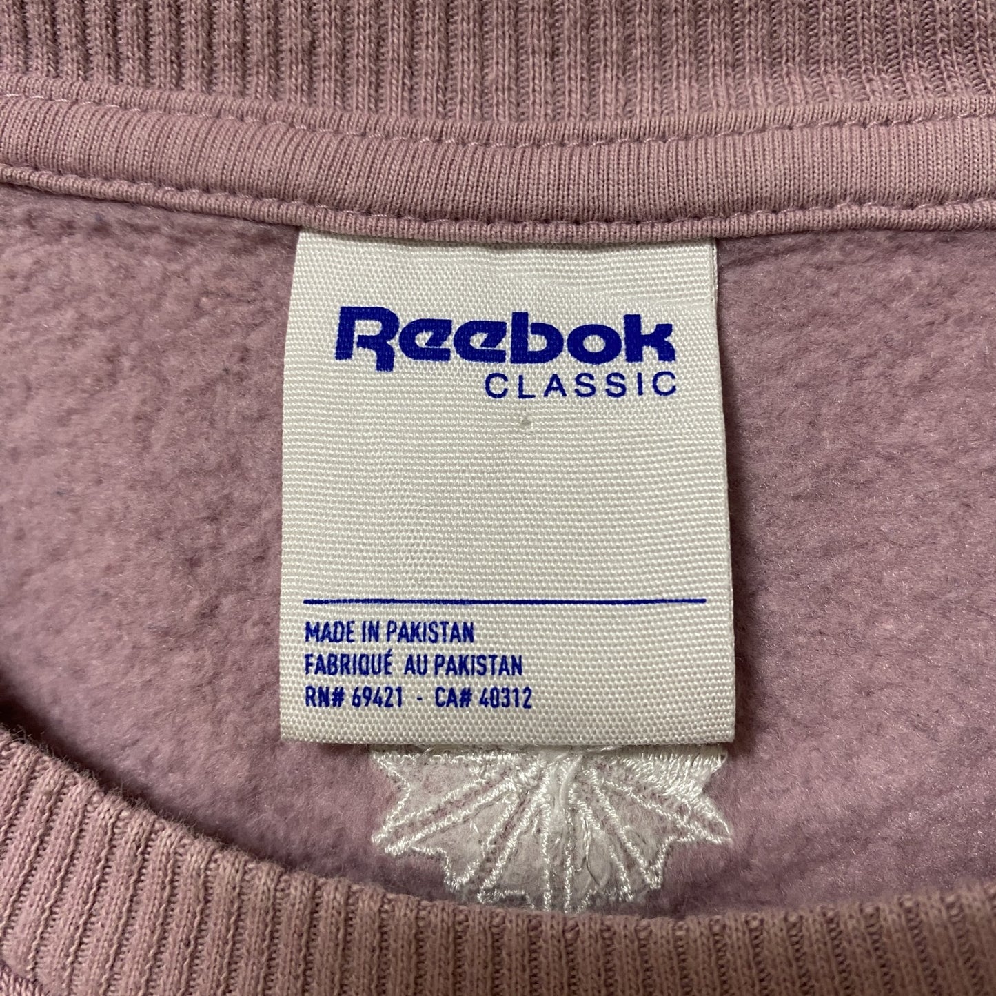 古着 used　Reebok　長袖プリントロゴデザインスウェット　トレーナー　クルーネック　ピンク　白　紫　トライカラー　Lサイズ