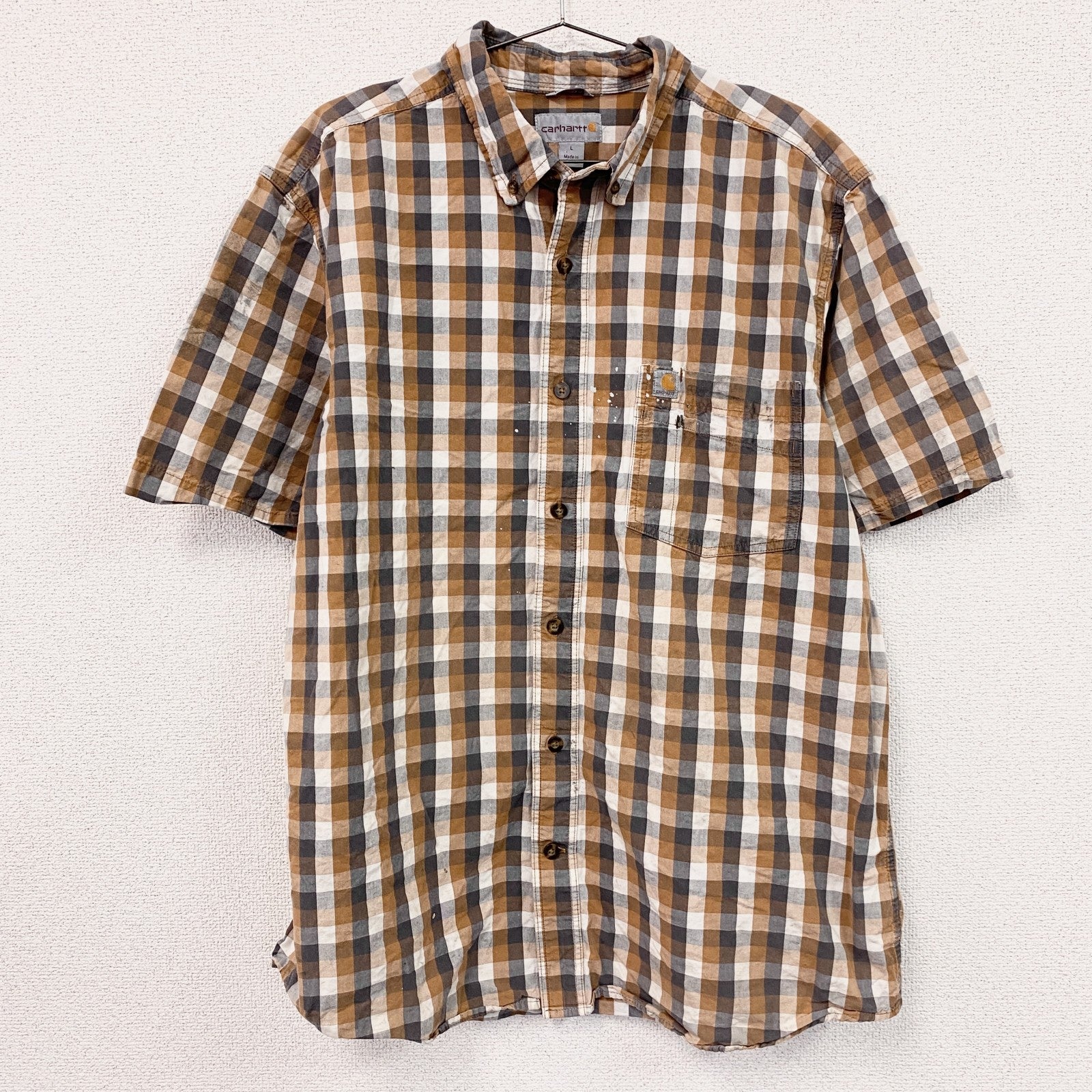 Carhartt　カーハート　半袖ボタンダウンシャツ　ギンガムチェック　オレンジ　Lサイズ