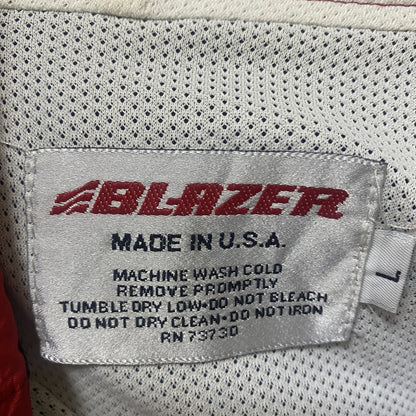 古着 used　USA製　BLAZER　長袖刺繍ナイロンプルオーバー　ウインドブレーカー　トライカラー　黒　赤　白　Lサイズ
