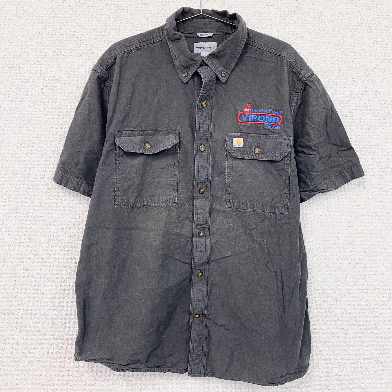 Carhartt　カーハート　半袖ボタンダウンシャツ　ワークシャツ　ダブルポケット　ダークグレー　Lサイズ