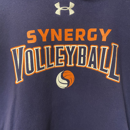 古着 used UNDER ARMOUR　長袖プリントデザインスウェット　フーディー　ネイビー　前ポケット　Ｌサイズ