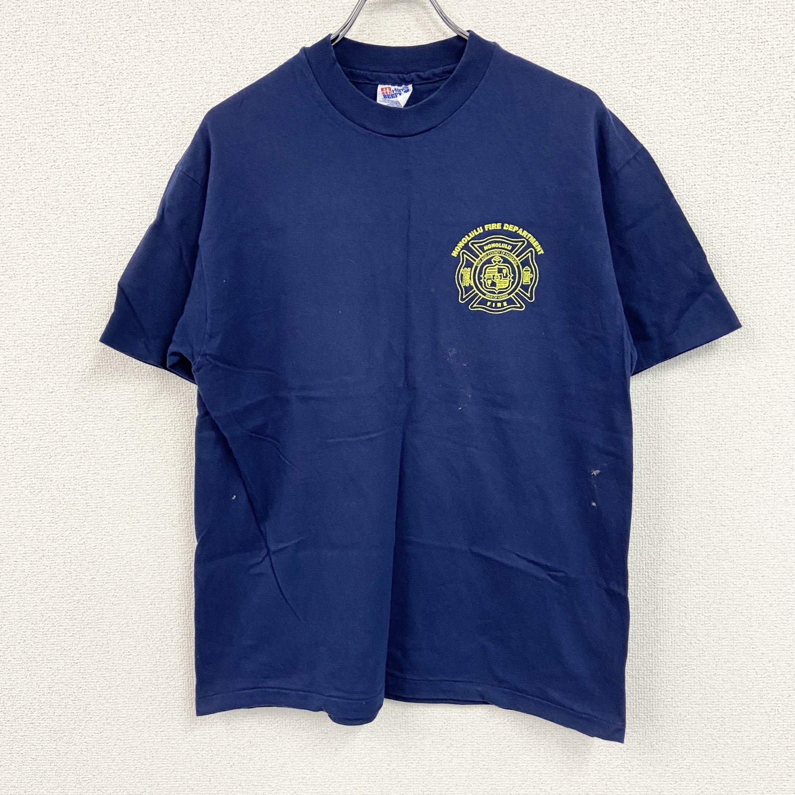 90s　Hanes　ヘインズ　半袖プリントTシャツ　ホノルル消防　3連プリント　シングルステッチ　紺　ネイビー　Lサイズ