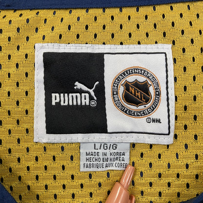 古着 used　PUMA　プーマ　長袖ナイロンプルオーバー　ワンポイント刺繍　ナッシュビル　ネイビー　黄色　Lサイズ