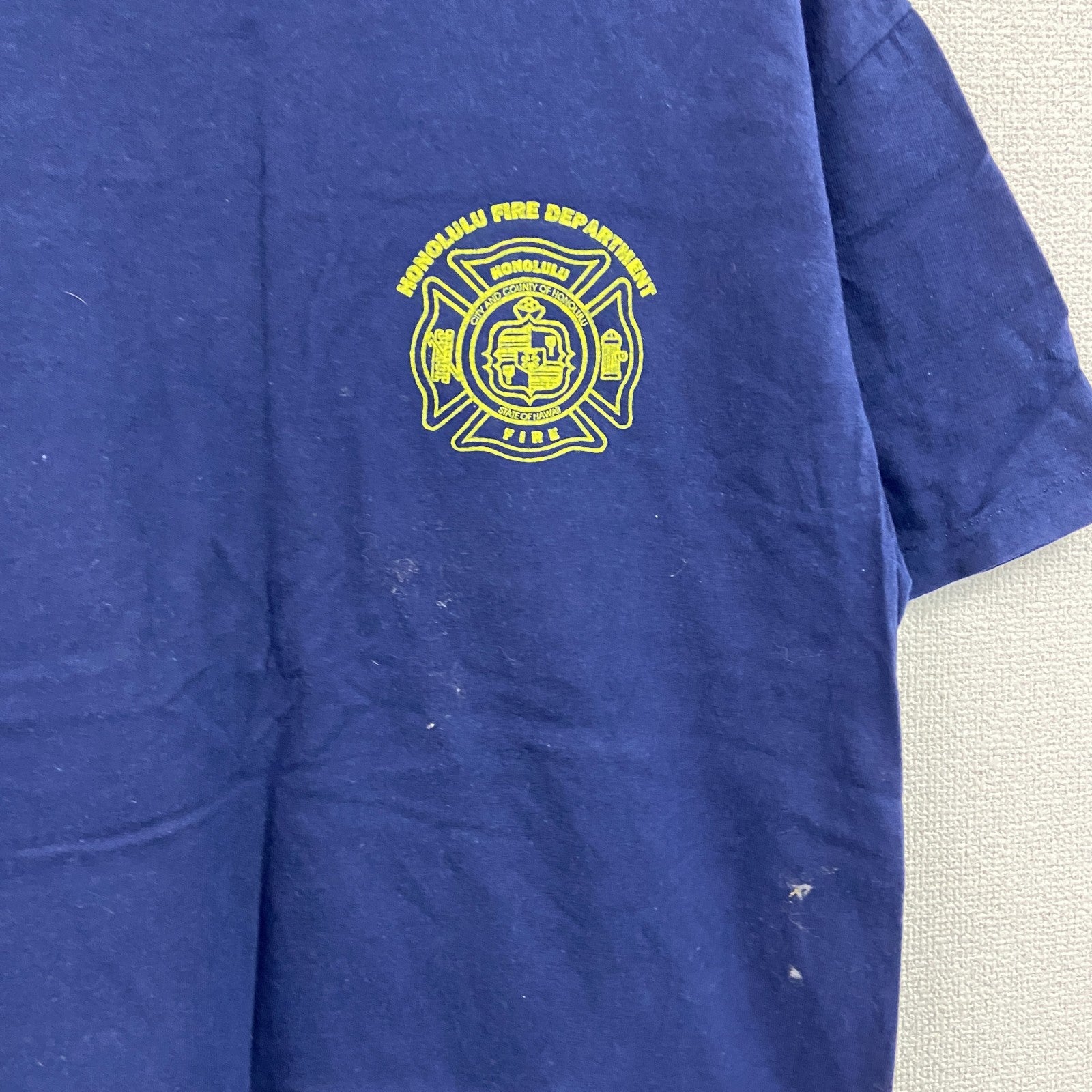 90s　Hanes　ヘインズ　半袖プリントTシャツ　ホノルル消防　3連プリント　シングルステッチ　紺　ネイビー　Lサイズ