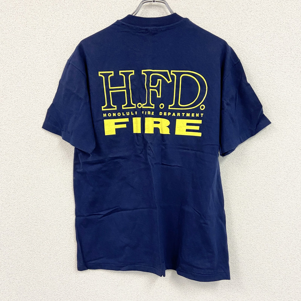 90s　Hanes　ヘインズ　半袖プリントTシャツ　ホノルル消防　3連プリント　シングルステッチ　紺　ネイビー　Lサイズ