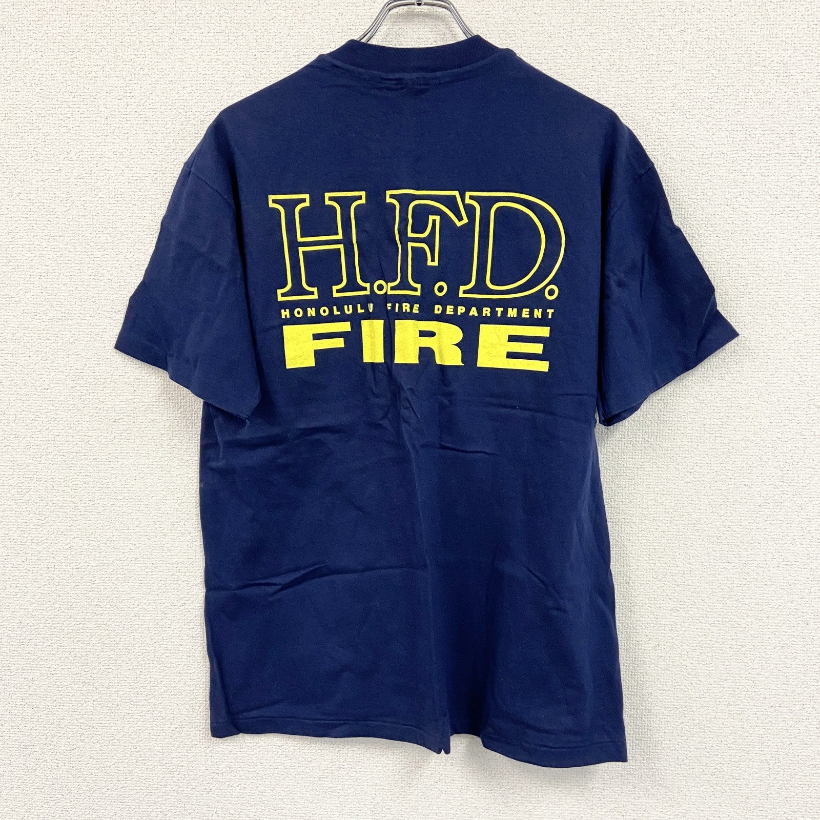 90s　Hanes　ヘインズ　半袖プリントTシャツ　ホノルル消防　3連プリント　シングルステッチ　紺　ネイビー　Lサイズ