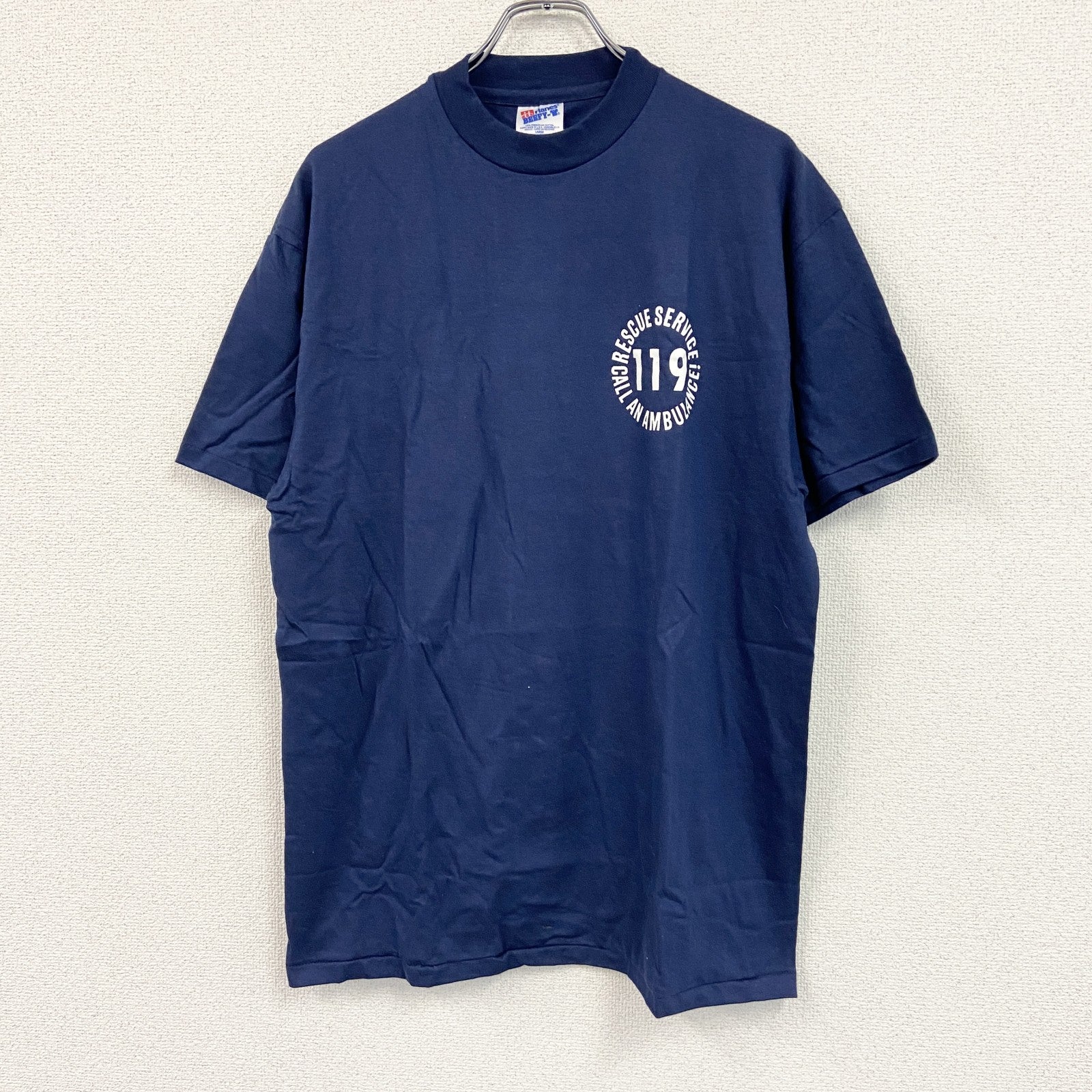 90s　Hanes　ヘインズ　半袖プリントTシャツ　アーチプリント　シングルステッチ　ヴィンテージ　紺　ネイビー　Lサイズ