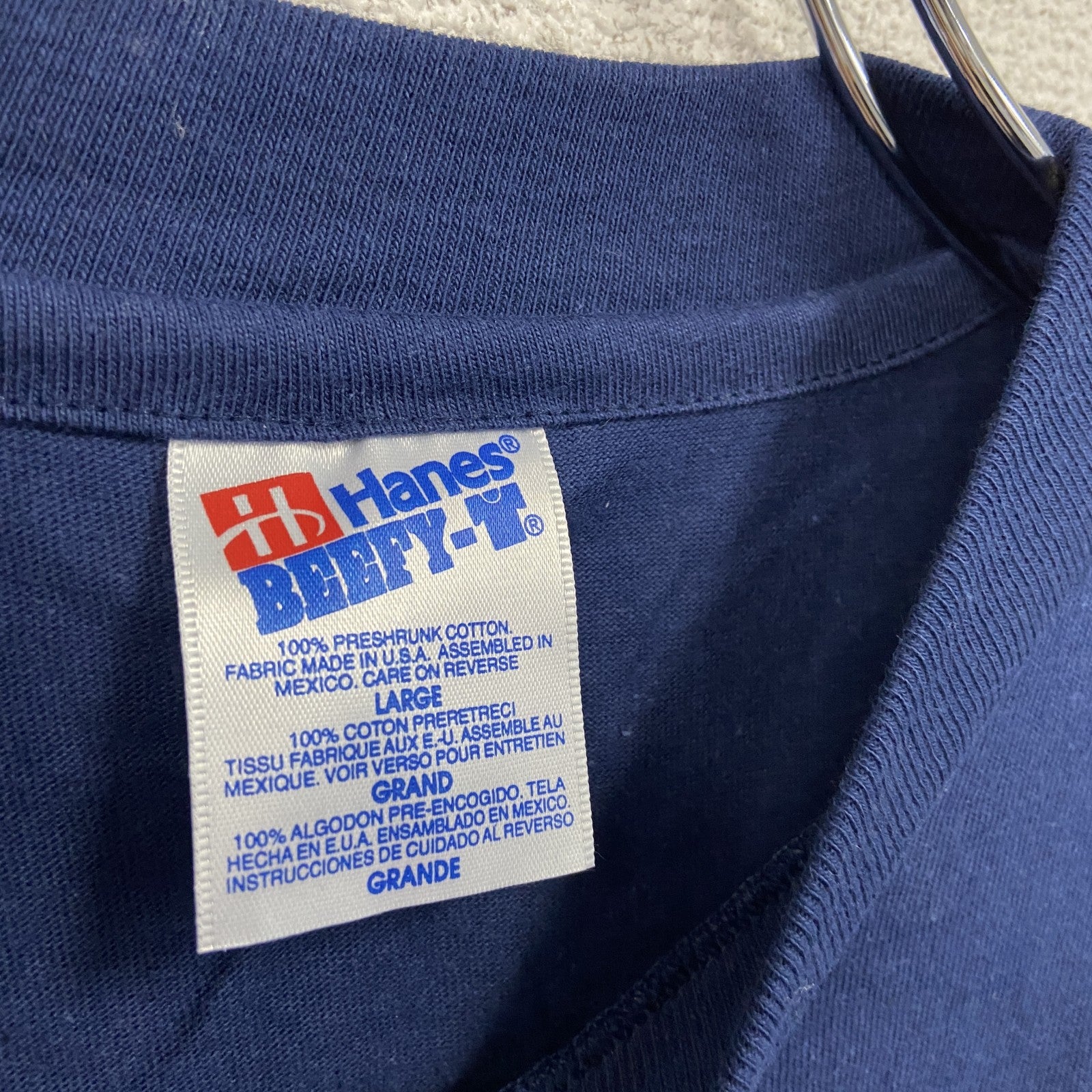 90s　Hanes　ヘインズ　半袖プリントTシャツ　アーチプリント　シングルステッチ　ヴィンテージ　紺　ネイビー　Lサイズ