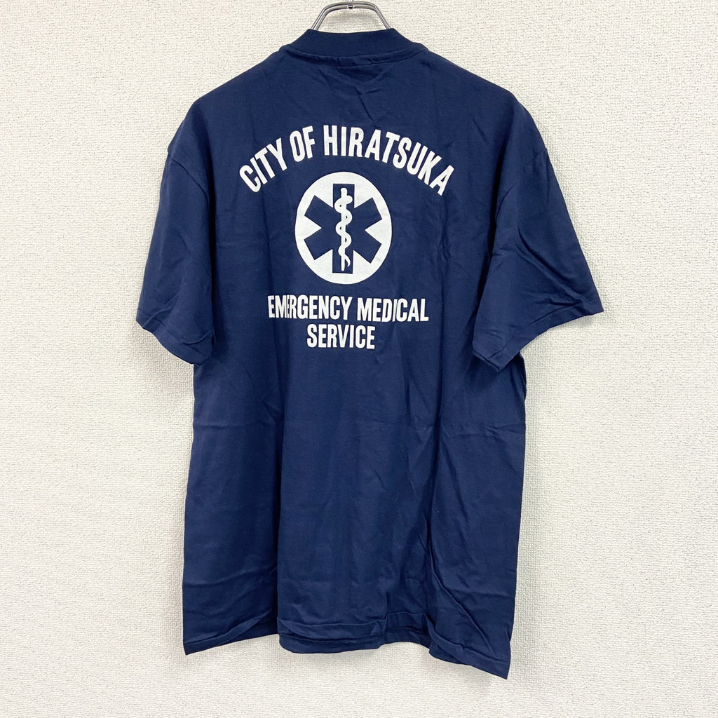 90s　Hanes　ヘインズ　半袖プリントTシャツ　アーチプリント　シングルステッチ　ヴィンテージ　紺　ネイビー　Lサイズ
