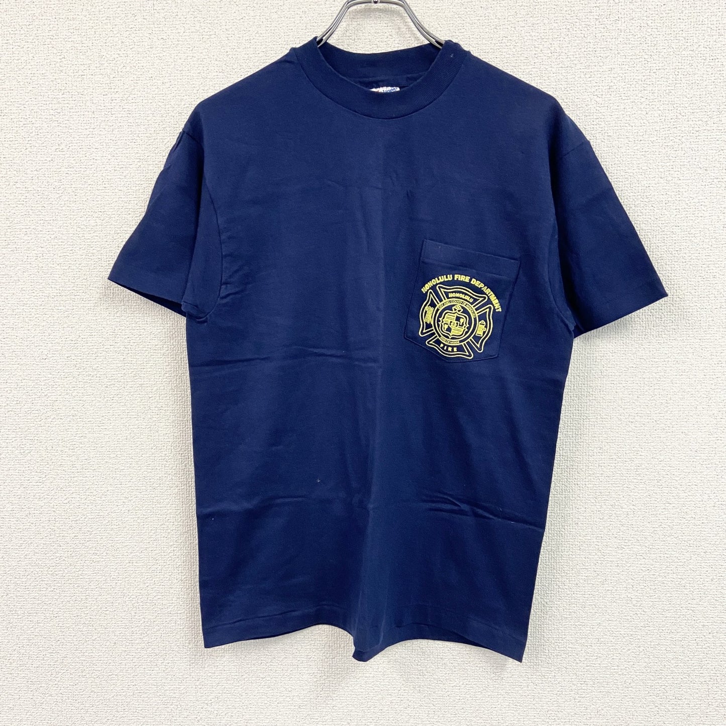 90s　Hanes　ヘインズ　半袖プリントTシャツ　ホノルル消防　シングルステッチ　3連プリント　紺　ネイビー　Mサイズ