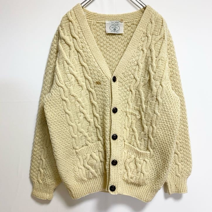 古着 used　英国製　Celtic Woollenes　長袖フィッシャーマンニットカーディガン　厚手Vネックセーター　白　秋冬服