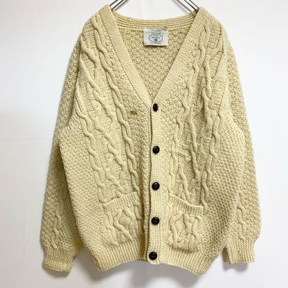 古着 used　英国製　Celtic Woollenes　長袖フィッシャーマンニットカーディガン　厚手Vネックセーター　白　秋冬服