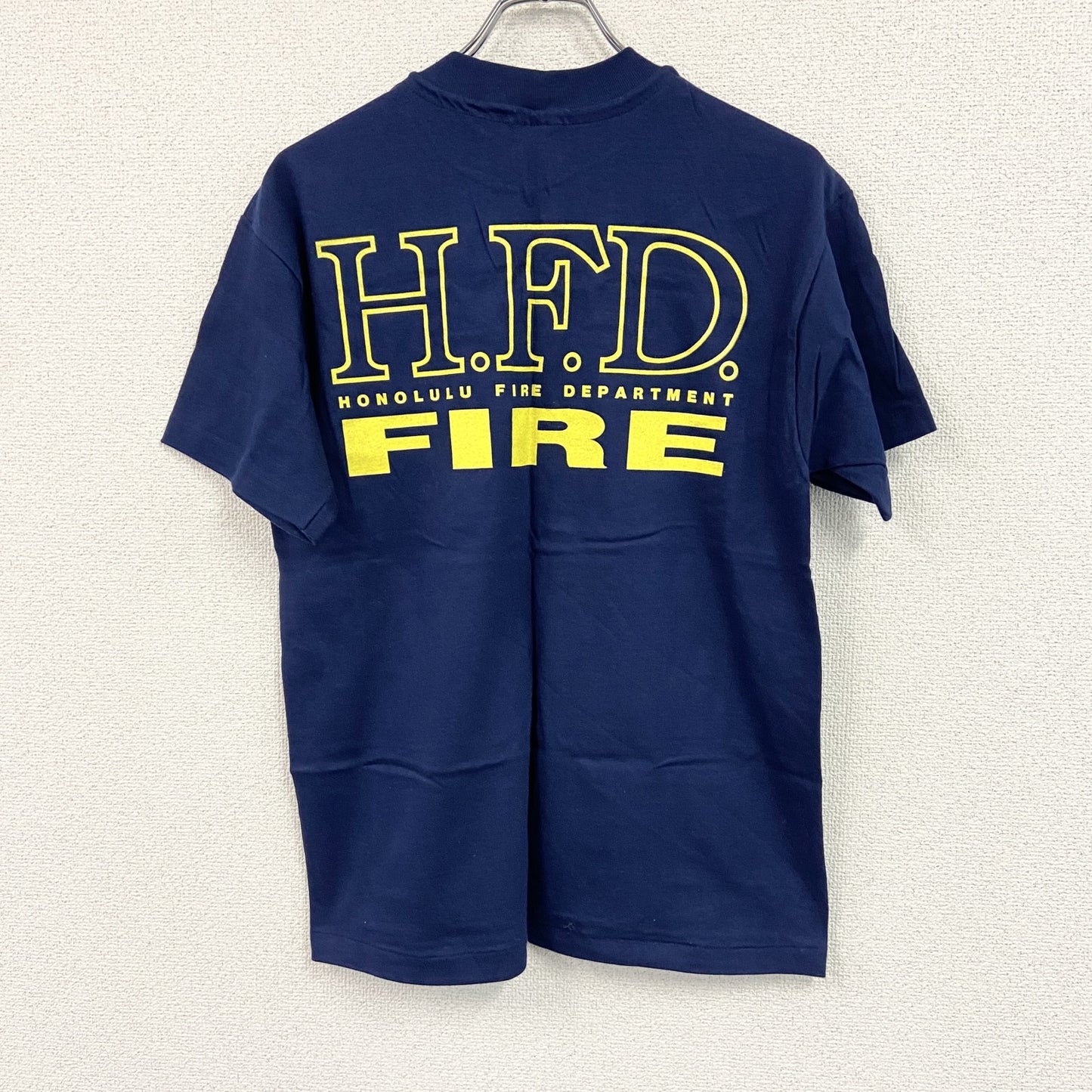 90s　Hanes　ヘインズ　半袖プリントTシャツ　ホノルル消防　シングルステッチ　3連プリント　紺　ネイビー　Mサイズ