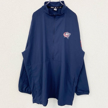 古着 used　adidas　アディダス　NHL　長袖プリントナイロンジャケット　BLUE JACKETS　ネイビー　2XLサイズ